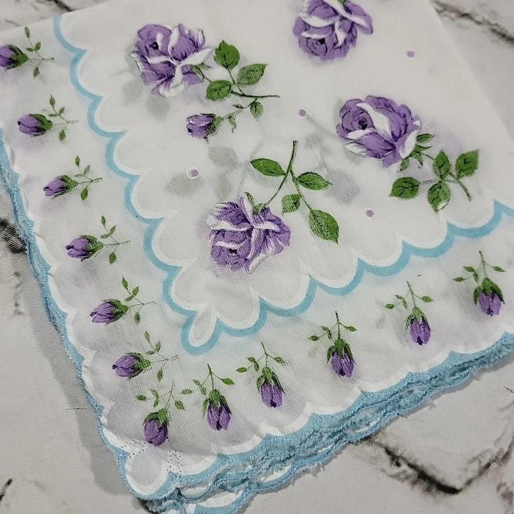 Vintage Handkerchief Hanky Sheer Feminine White Purple Roses Blue Trim